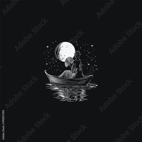 Vintage Japanese style illustration of a woman in kimono holding a fan on a boat under the full moon, isolated on black background.