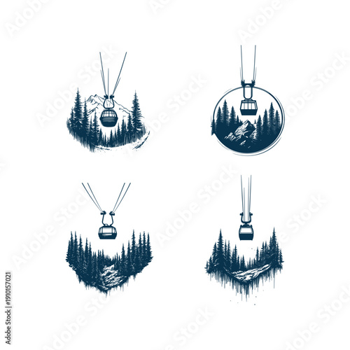 Vintage engraving style illustration set of cable car gondolas over pine forests and mountains, isolated on white background.