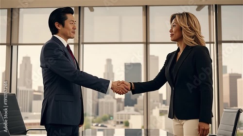 Businessman and businesswoman shaking hands in modern office