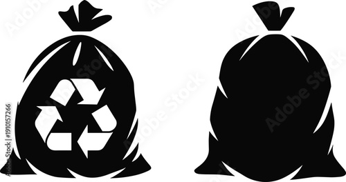 Recycling garbage bags silhouette vector illustration, waste management and environmental protection concept with recycle symbol, black trash sack icons isolated on white background