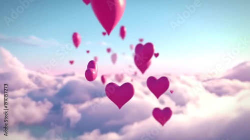 Pink hearts floating in the sky with clouds and blue background for Valentine's Day or love-themed greeting card