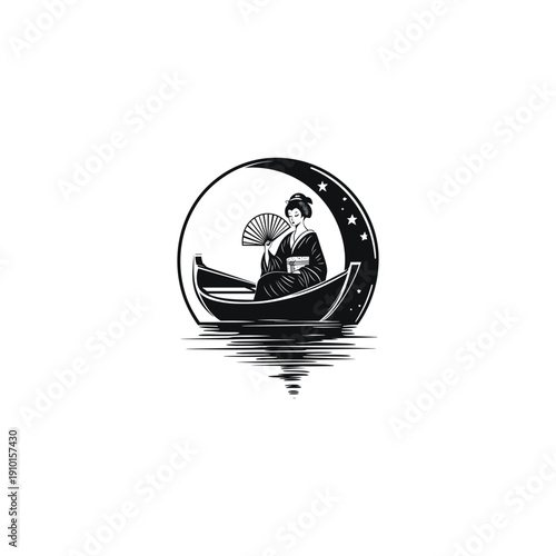 Vintage Japanese style illustration of a woman in kimono holding a fan on a boat under the full moon, isolated on black background.