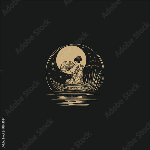 Vintage Japanese style illustration of a woman in kimono holding a fan on a boat under the full moon, isolated on black background.