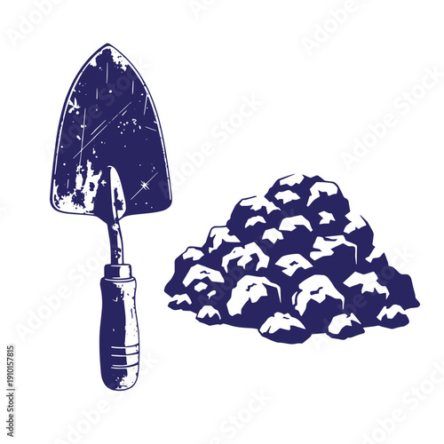 Grunge texture Trowel and pile of dirt for gardening and landscaping work  essential tools for yard and garden maintenance Vintage Style