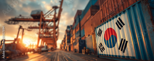 Korea export shipping container cargo port national flag sunset light logistic industry transportation trade harbor economy