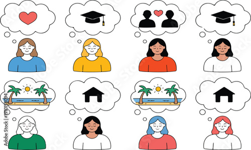 People Thinking About Life Dreams – Love, Education, Travel, and Home Concepts