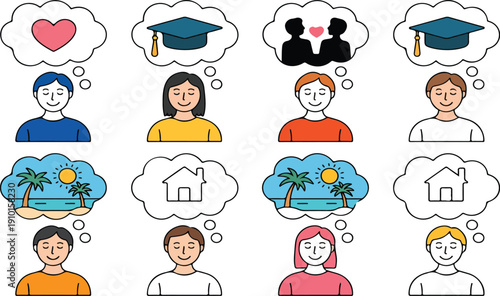 People Thinking About Life Dreams – Love, Education, Travel, and Home Concepts