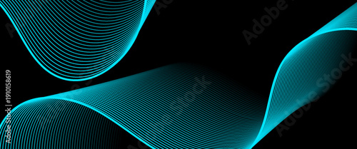 A futuristic black vector background featuring vibrant cyan wave lines. Perfect for high-tech digital headers, cyber themes, modern electronic music artwork. Abstract blue wavy lines of the sound wave
