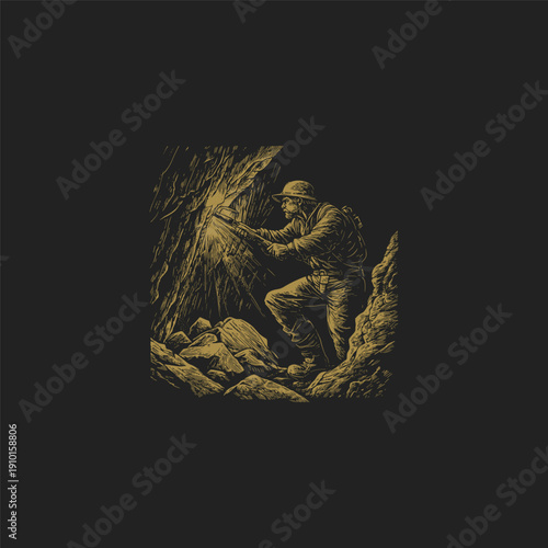 Vintage engraving style illustration of an explorer with a lantern and backpack walking through a dark rocky cave, isolated on black background.