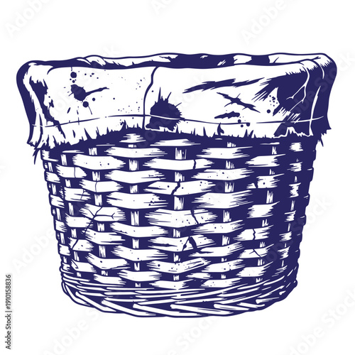 Grunge texture Vintage wicker basket with folded rim on white background Vintage Style