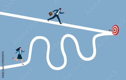 Easy or shortcut way. Woman runs in curved line, while man runs in straight line. Road to success, achievement of goals and dreams.