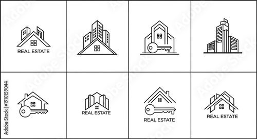Collection of Real Estate Logos with Houses and Keys.