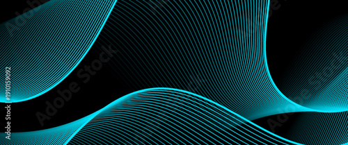 A futuristic black vector background featuring vibrant cyan wave lines. Perfect for high-tech digital headers, cyber themes, modern electronic music artwork. Abstract blue wavy lines of the sound wave
