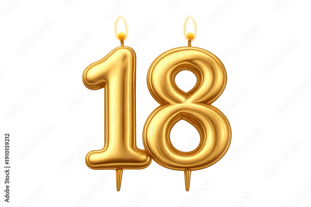 Fototapeta premium Golden number 18 candle celebrating eighteen anniversary on transparent background