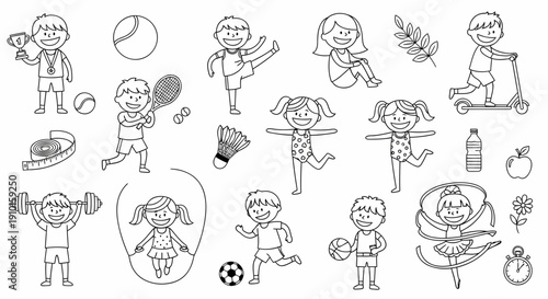 Kids Sport Activities, Black and White Vector Illustration Set