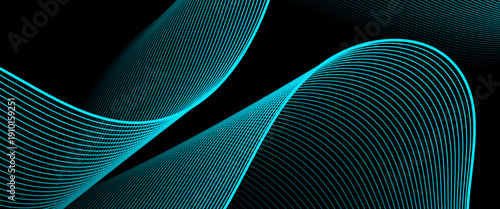 A futuristic black vector background featuring vibrant cyan wave lines. Perfect for high-tech digital headers, cyber themes, modern electronic music artwork. Abstract blue wavy lines of the sound wave
