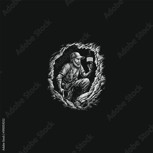 Vintage engraving style illustration of a bearded man with a cap holding a lantern inside a dark rocky tunnel, isolated on black background.