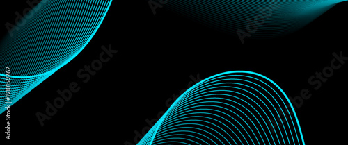 A futuristic black vector background featuring vibrant cyan wave lines. Perfect for high-tech digital headers, cyber themes, modern electronic music artwork. Abstract blue wavy lines of the sound wave