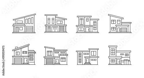 Collection of modern house sketches architectural drawings.