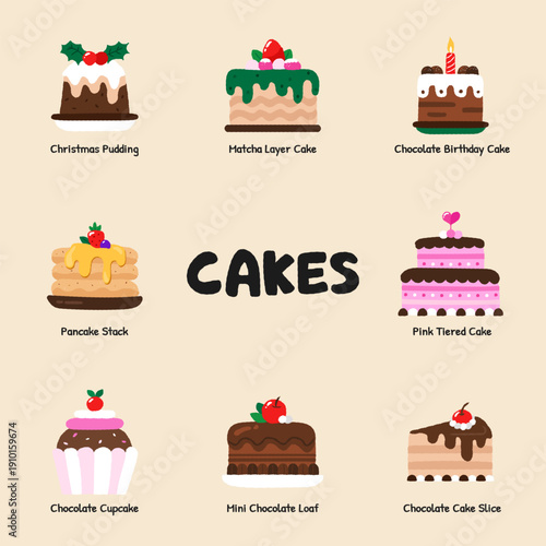Set of Cute Sweet Cake and Dessert Illustrations with English Labels