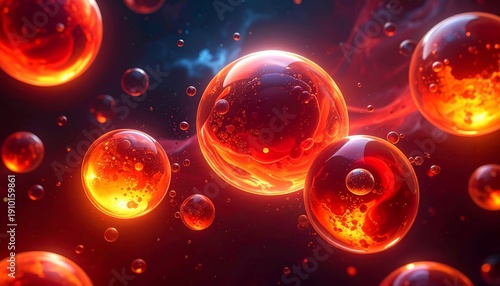 Fiery, translucent spheres with internal textures float in space