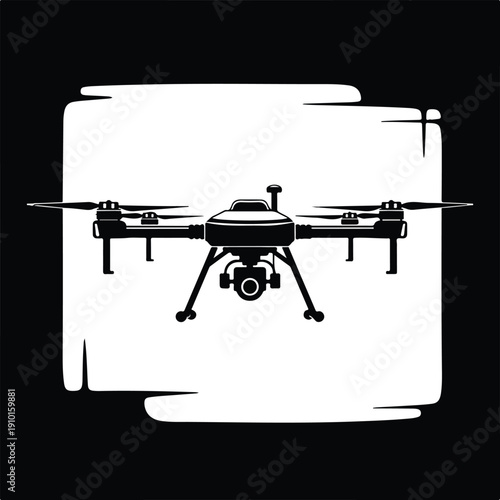 Black silhouette of a drone with a camera against a white background with black border.