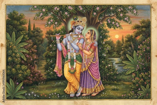 The divine couple stands together embraced in a garden. The sun is setting, casting a warm glow over the scene. The depiction radiates love and serenity. 
