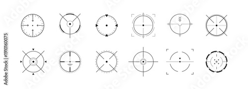 Crosshair Hud. Tactical weapon UI elements. Goal target and telescope reticle. Precision aiming system design. Modern Vector illustration.