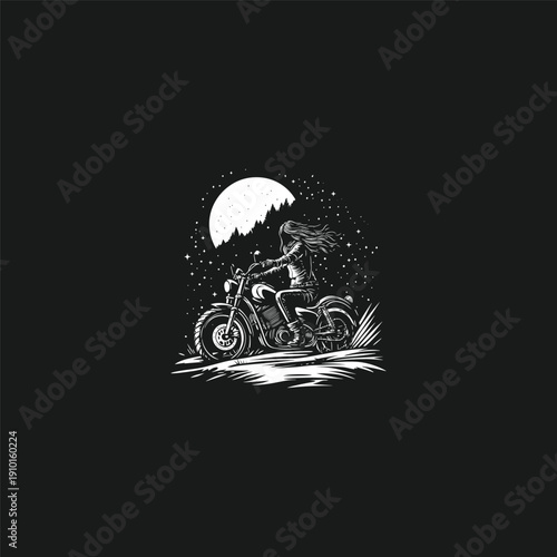 Vintage engraving style illustration of a woman with flowing hair riding a classic motorcycle at night under a full moon and starry sky, isolated on black background.