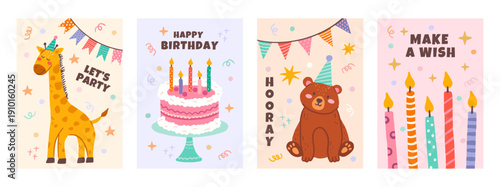 Set of Birthday greeting card with cute animals, cake and candles. Giraffe, bear with colorful confetti. Vector illustration