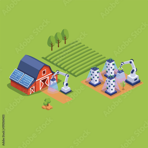 Isometric illustration of a red barn with solar panels and robotic farming equipment operating on a green field with trees and silos in the background.