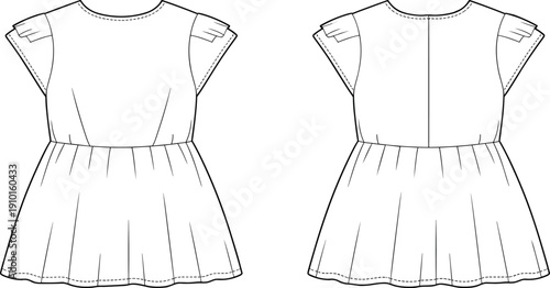 Dress template, round neck dress, short sleeve dress, front and back view, fashion flat sketch, technical garment drawing, clothing design illustratio