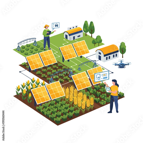 Isometric illustration of two workers monitoring solar panels on a farm with a drone and various crops and buildings in the background with a technological and sustainable mood.