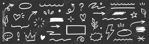 Marker line brush arrow, underline, highlight scribble set. Marker pen line brush hand drawn arrow stroke sketch element shape on chalkboard. Doodle underline circle frame icons. Vector illustration