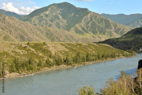 View of a wide bed of a beautiful river flowing through a picturesque mountain valley on a sunny summer day.