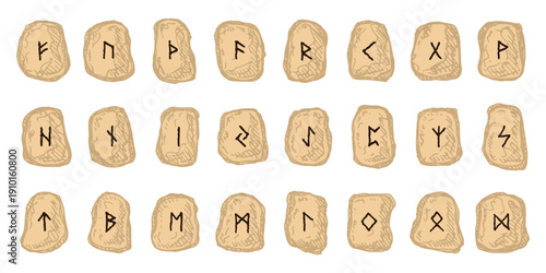 Set of hand drawn viking runes Rune stones with ancient norse alphabet characters engraved on them Scandinavian futhark germanic celtic Single element for design, print, web, decor