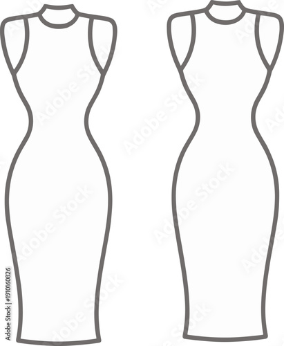 Elegant sleeveless dress fashion vector, high neckline garment outline, women clothing template, technical flat sketch, apparel design illustration, stylish midi dress silhouette