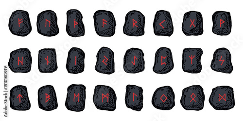 Set of hand drawn viking runes Rune stones with ancient norse alphabet characters engraved on them Scandinavian futhark germanic celtic Single element for design, print, web, decor