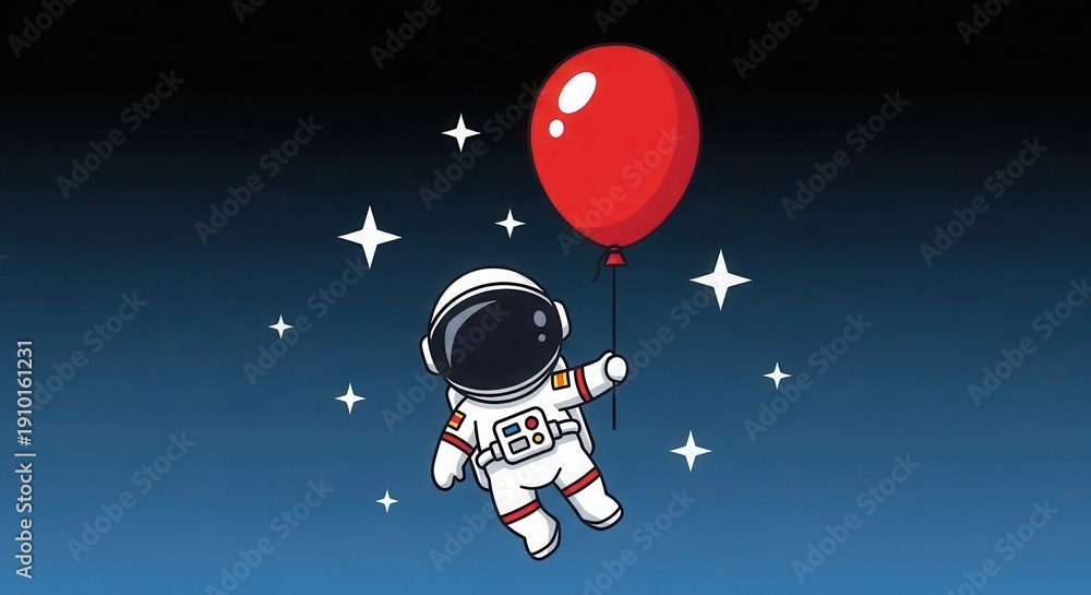 Fototapeta premium Cute cartoon astronaut floating in outer space while holding a bright red balloon
