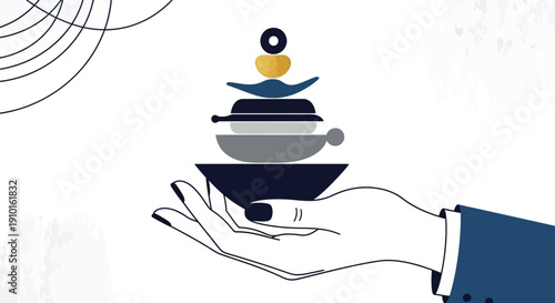 Stylized illustration of a meticulously balanced stack of abstract shapes representing perfect harmony and careful management held securely in a waiting open hand