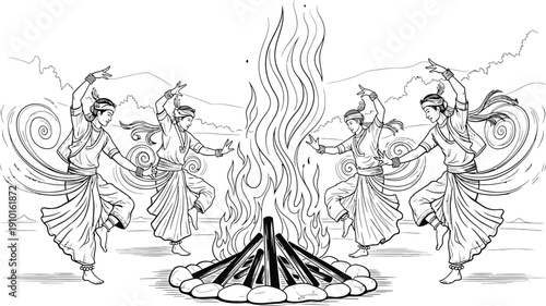 Four traditional dancers performing a spirited folk dance around a large bonfire during an outdoor cultural celebration event
