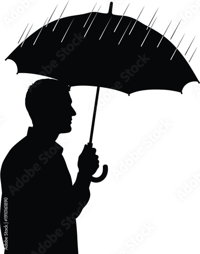 Man and woman with umbrellas standing in the rain silhouette vector illustration