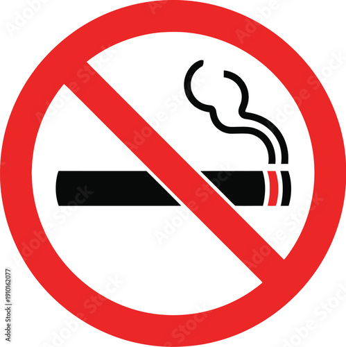 Simple universally recognized graphic icon depicting a standard prohibition symbol over a lit cigarette indicating absolutely no smoking allowed in this area