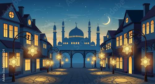 Ramadan night city street with mosque vector