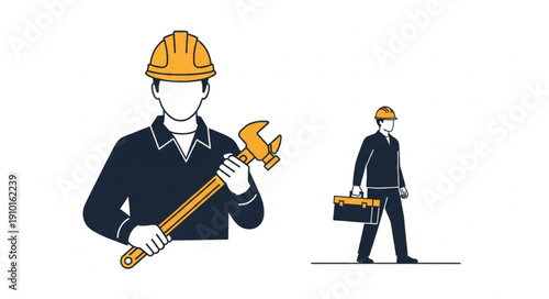 Construction worker holding a large wrench and a smaller worker with a toolbox.