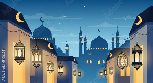 Ramadan night city street with mosque vector