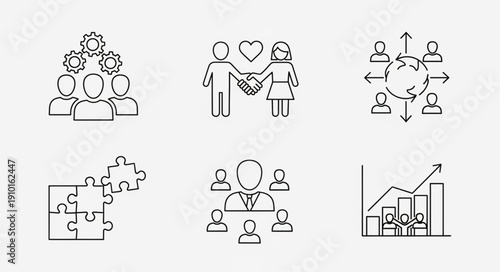 Collection of Business and Social Icons Representing Teamwork and Relationships.