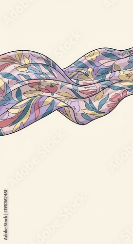 Flowing fabric strip displays an intricate pattern of stylized botanical elements across a light background.