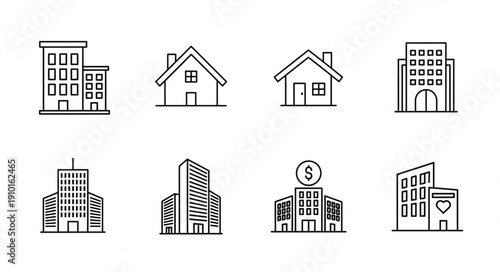 Collection of simple building icons in a line art style.