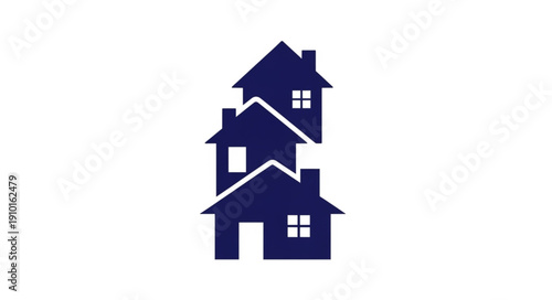 Stack of three dark blue houses on a white background.
